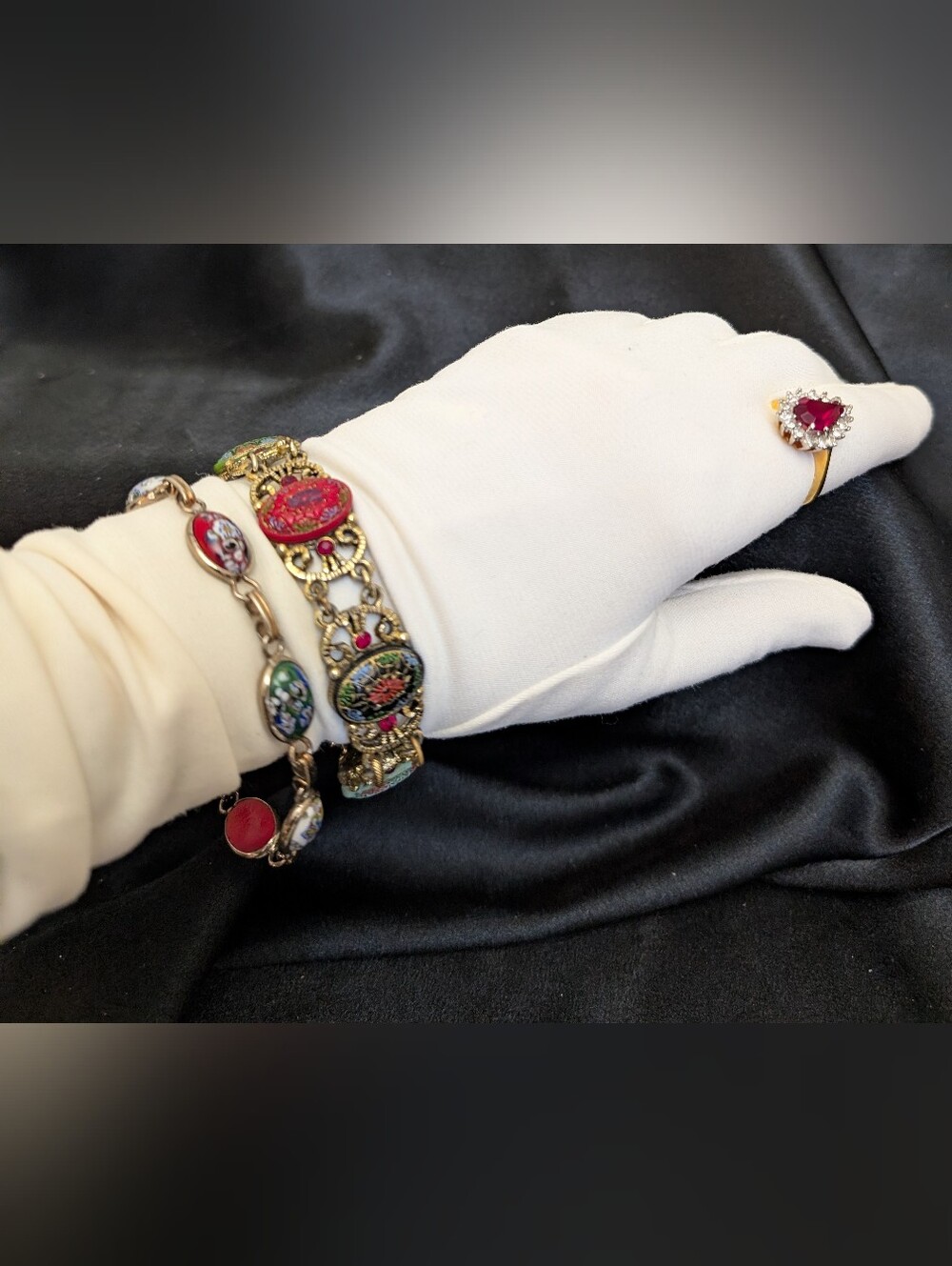 2 Multicolor Murano Mille Fiori & Dome Colorful Cabuchon Bracelets & Ring